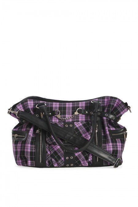 Accessories Lost Queen Purple Tartan Plaid Rockabilly Purse with Handcuff Skull Charm