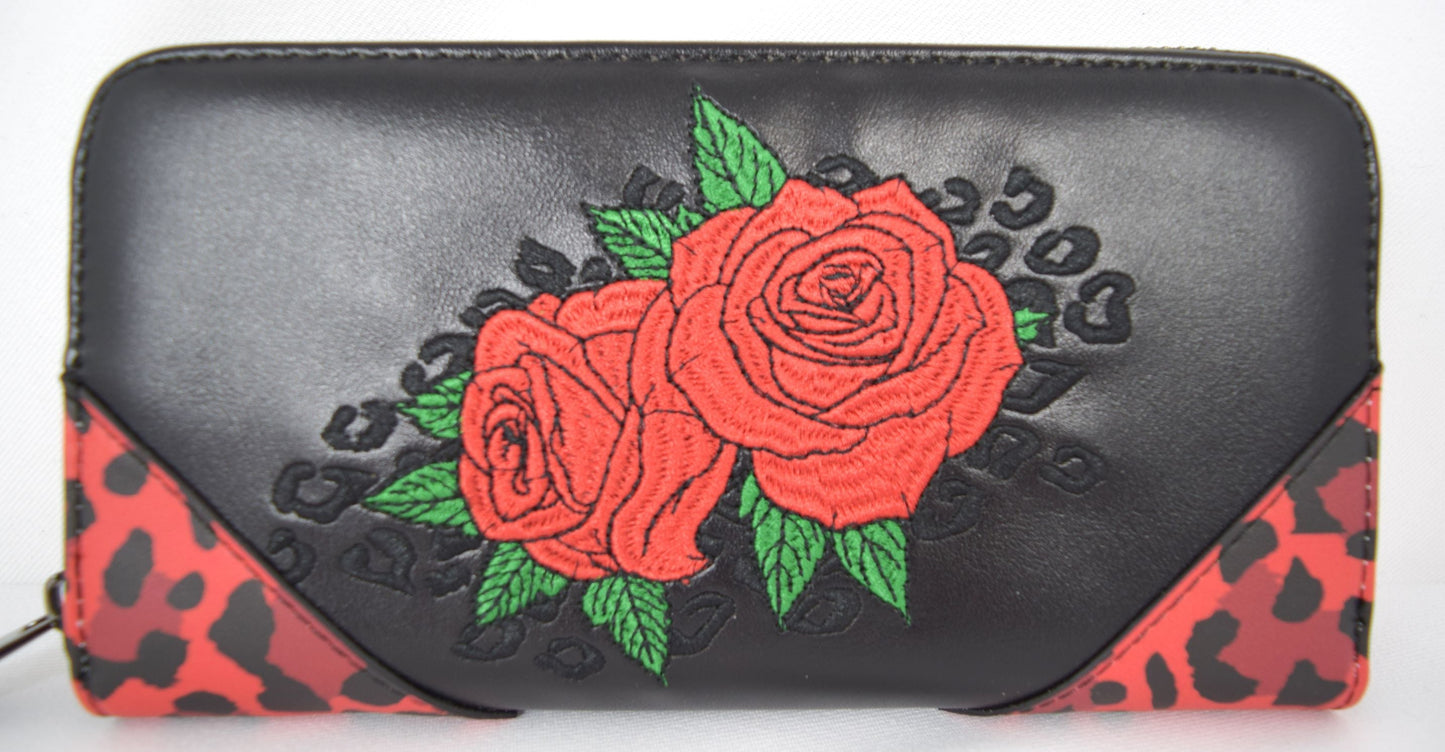 Accessories Lost Queen Rockabilly Rose Red Leopard Print Zip Around Wallet