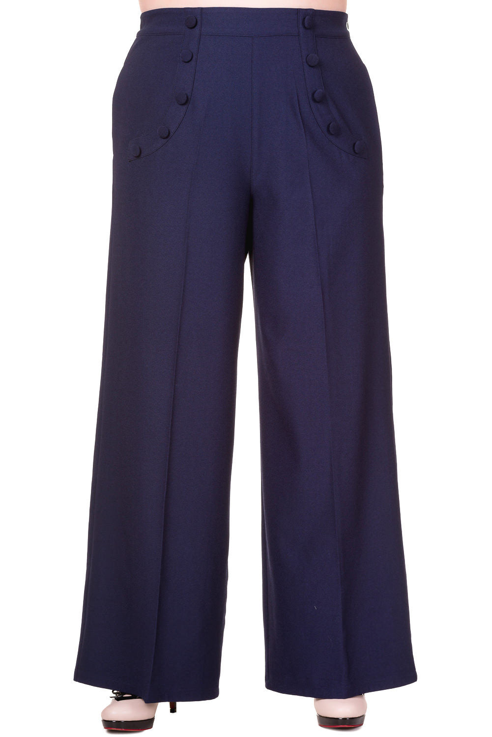 Bottoms Plus 1960s Navy High Waist Crepe Full Moon Sailor Wide Leg Pants