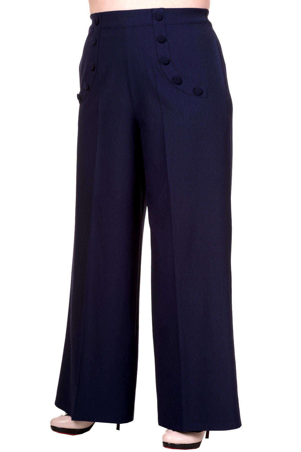 Bottoms Plus 1960s Navy High Waist Crepe Full Moon Sailor Wide Leg Pants
