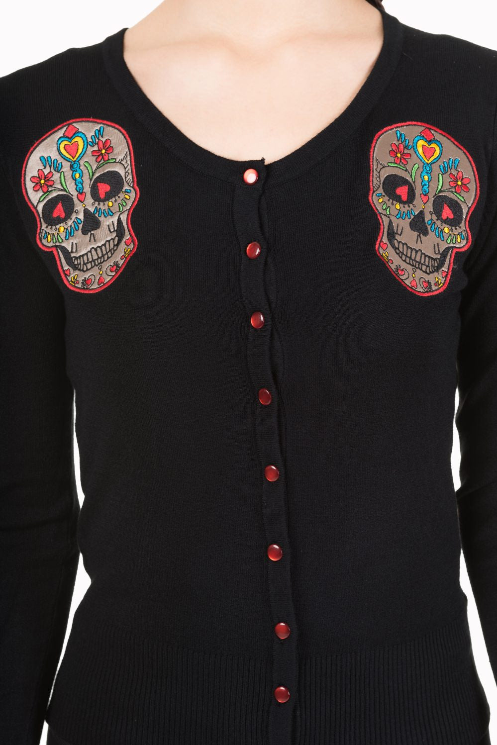 Tops Day of the Dead Flower Heart Sugar Skull Embroidery Black Sweater Cardigan