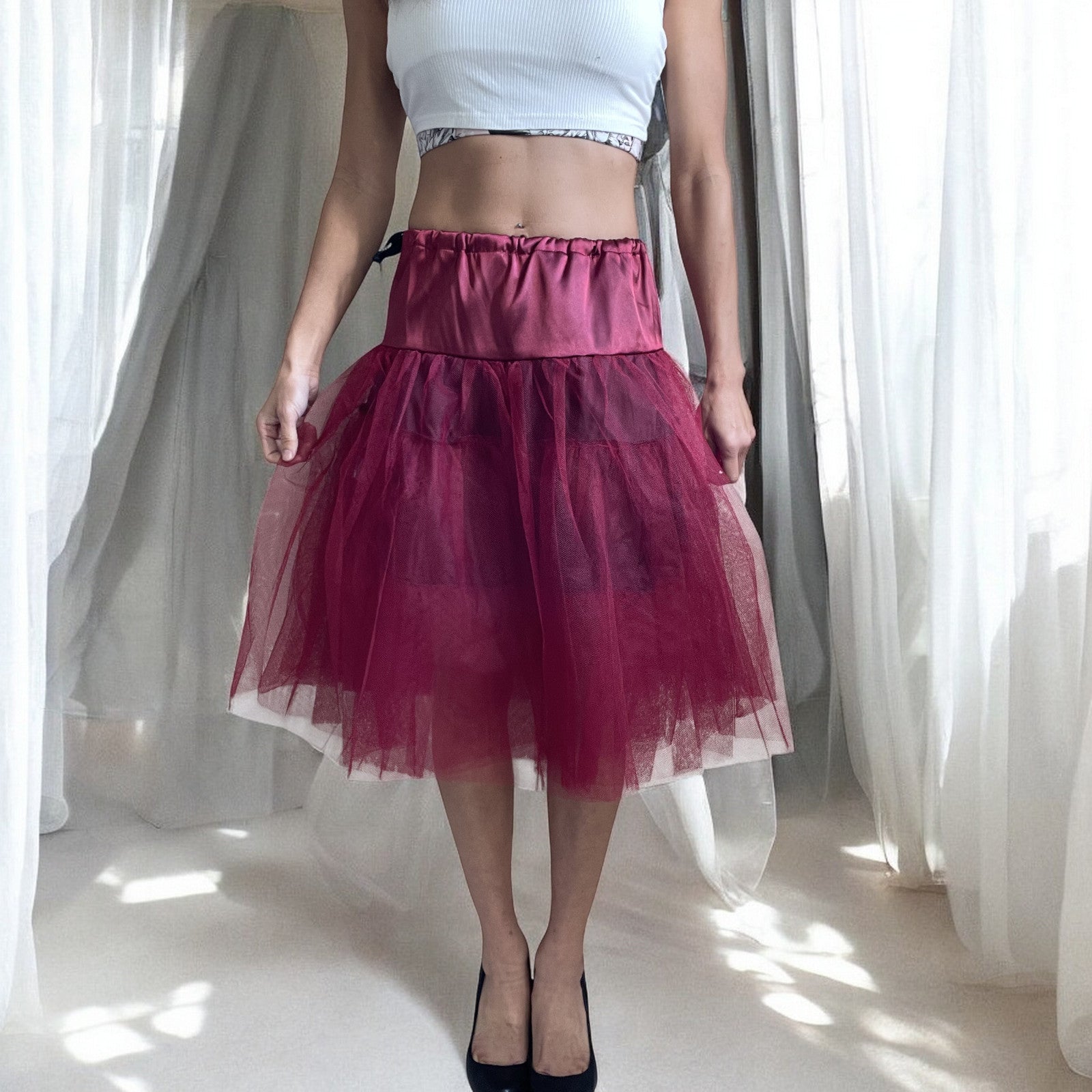 Women's Wine Red Petticoat Three Layers Underskirt Pannier - Skelapparel