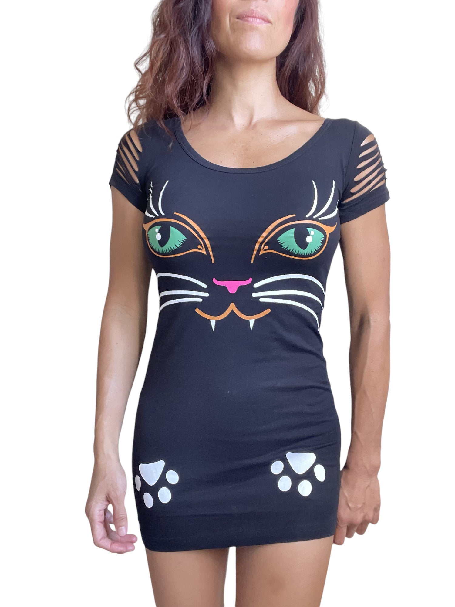 Black Cat Neko Print Shouder Cut Out Extra Length Top Black Cat Neko Print Shouder Cut Out Extra Length Top
