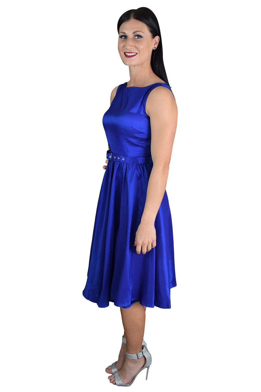 Dresses Rockabilly Pinup Deep Blue Satin Cocktail Flare Party Swing Dress