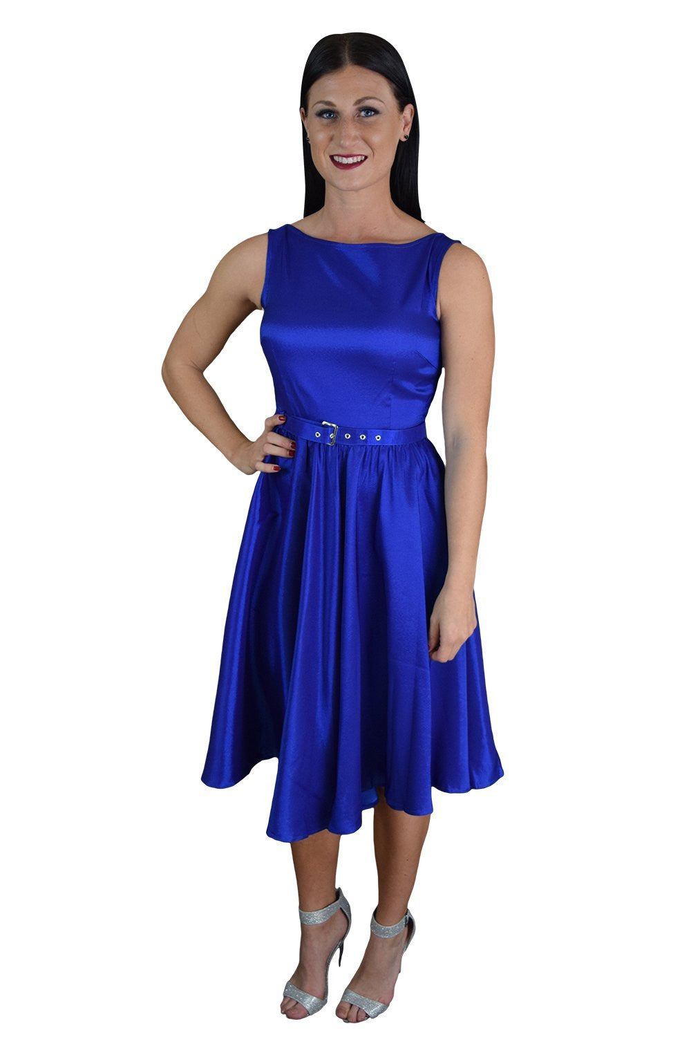 Dresses Rockabilly Pinup Deep Blue Satin Cocktail Flare Party Swing Dress