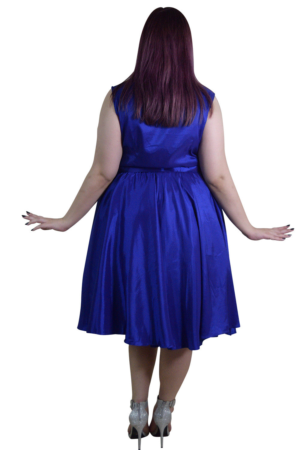 Dresses Rockabilly Pinup Deep Blue Satin Cocktail Flare Party Swing Dress