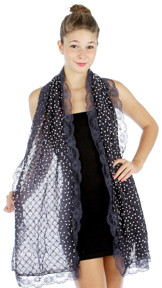 Accessories Lolita Love Mesh Knit Mini Dots and Lace Trim Fashion Scarf - Navy