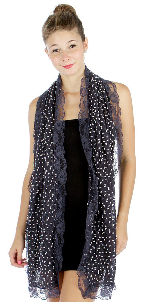 Accessories Lolita Love Mesh Knit Mini Dots and Lace Trim Fashion Scarf - Navy