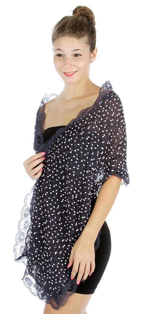Accessories Lolita Love Mesh Knit Mini Dots and Lace Trim Fashion Scarf - Navy