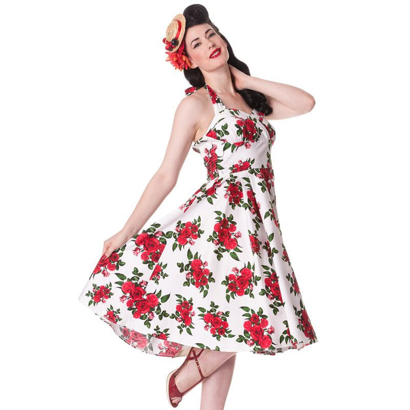 Hell Bunny 50's Vintage Red Rose Floral Print White Halter Party Dress Skelapparel Hell Bunny 50's Vintage Red Rose Floral Print White Halter Party Dress Skelapparel