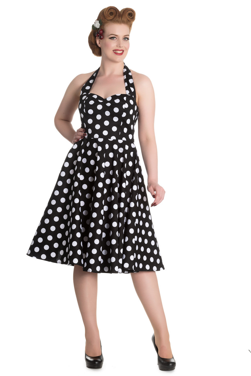 Hell Bunny 60's Black and White Polka Dot Halter Flare Party Dress Hell Bunny 60's Black and White Polka Dot Halter Flare Party Dress