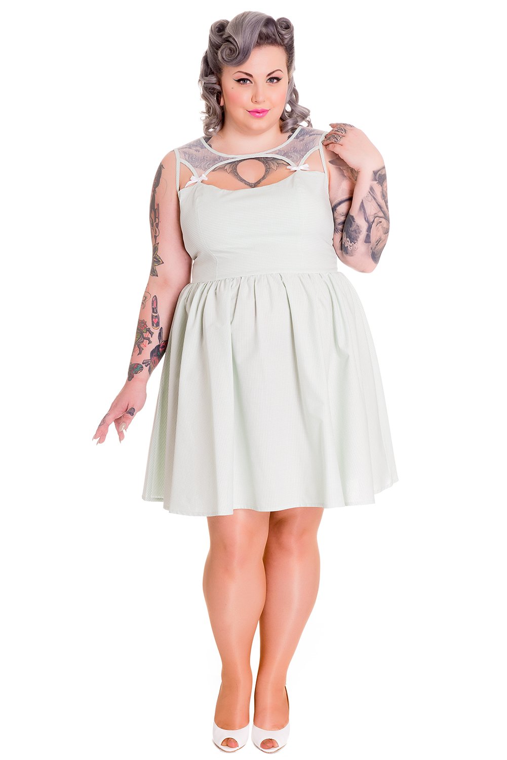 Dresses 3X / Green Hell Bunny Alice in the Wonderland Mint Green Gingham Check Sheer Top Party Dress