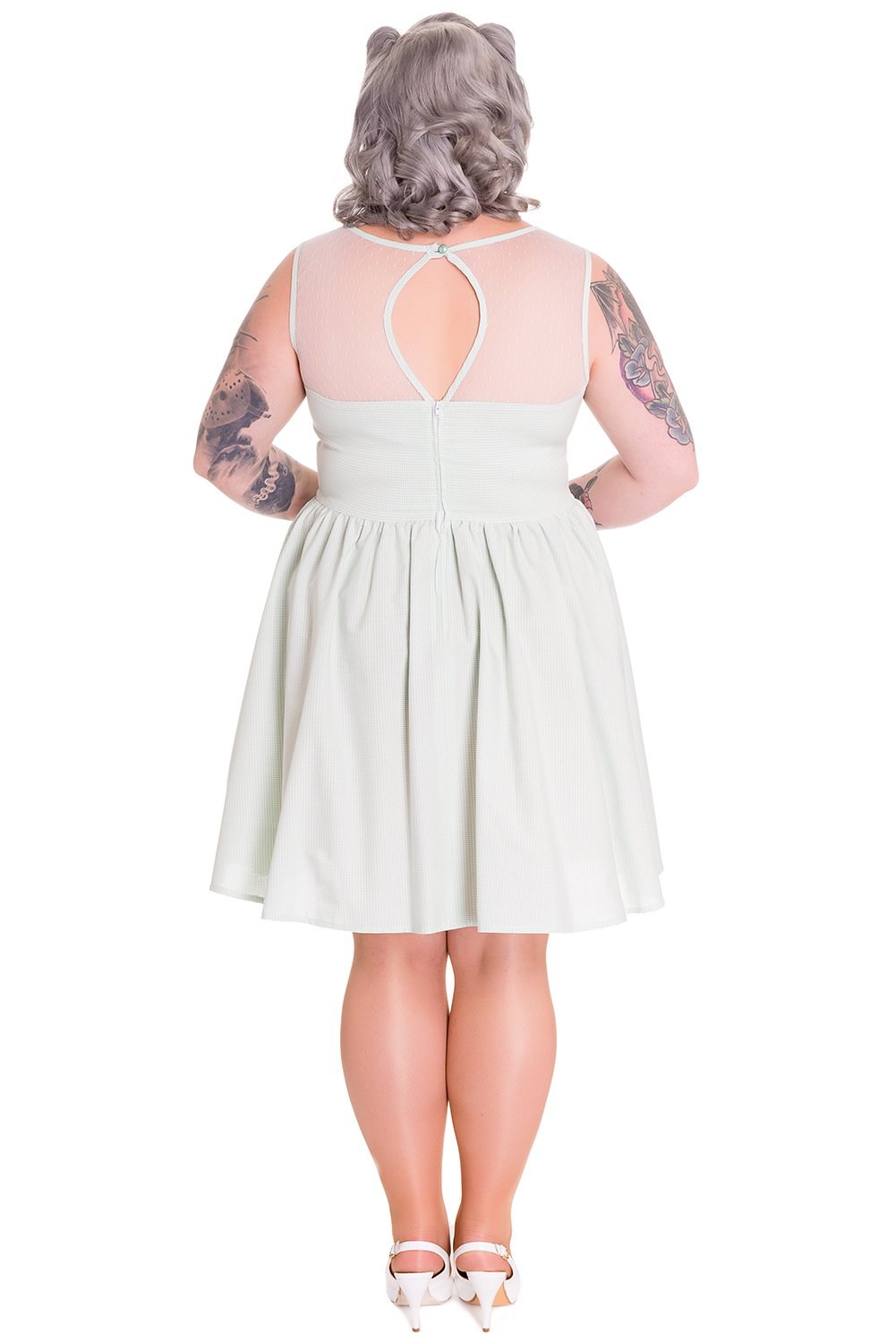 Dresses Hell Bunny Alice in the Wonderland Mint Green Gingham Check Sheer Top Party Dress