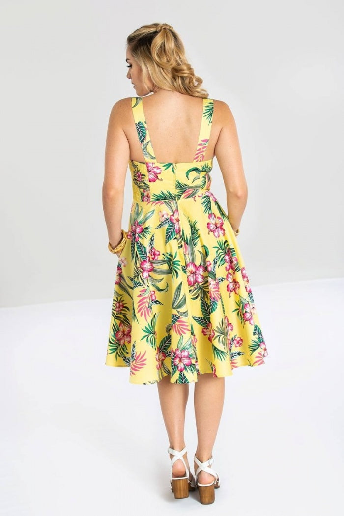 Dresses Hell Bunny Tropical Vacation Hawaiian Flower Print Yellow Summer Dress