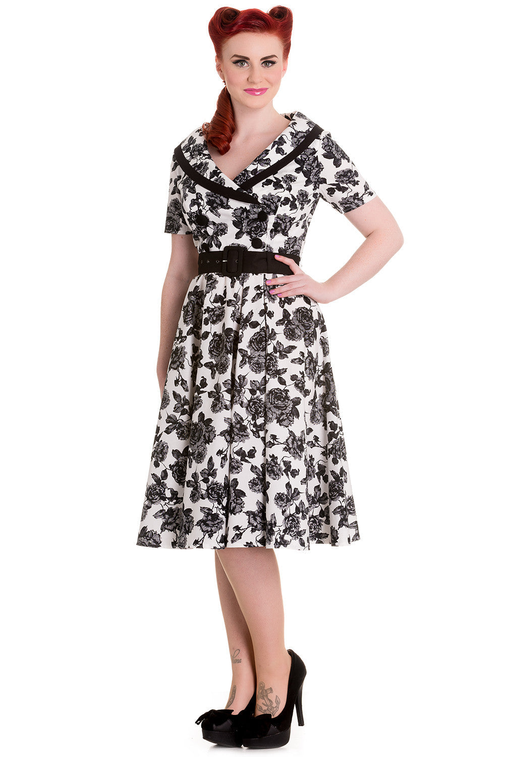 Dresses Hell Bunny Victorian Gothic Black Rose Wide V-neck Collar Party Dress