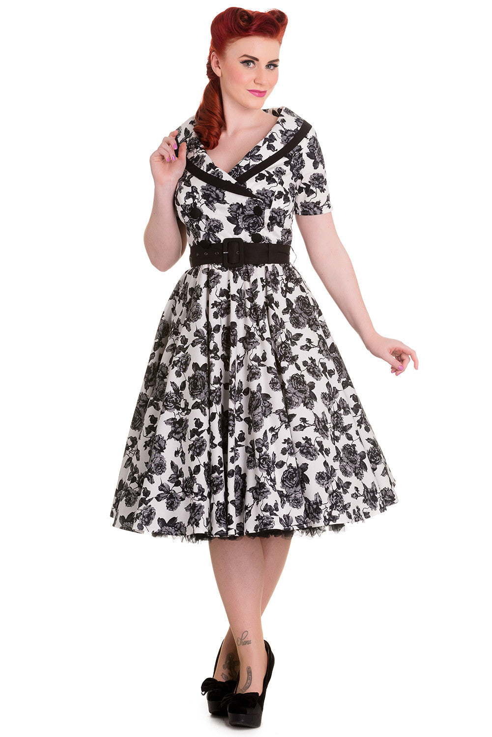 Dresses Hell Bunny Victorian Gothic Black Rose Wide V-neck Collar Party Dress