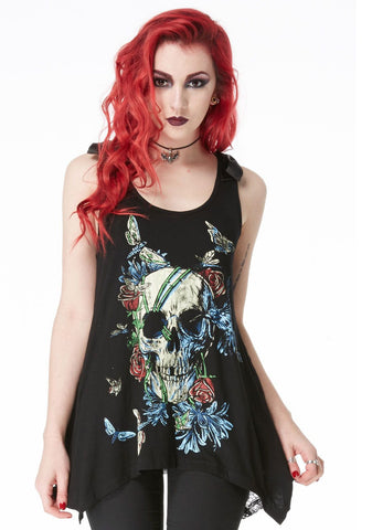 Tops S / Black Gothic Love Skull Death - Skull with flowers and colorful moth Flare Tank Top