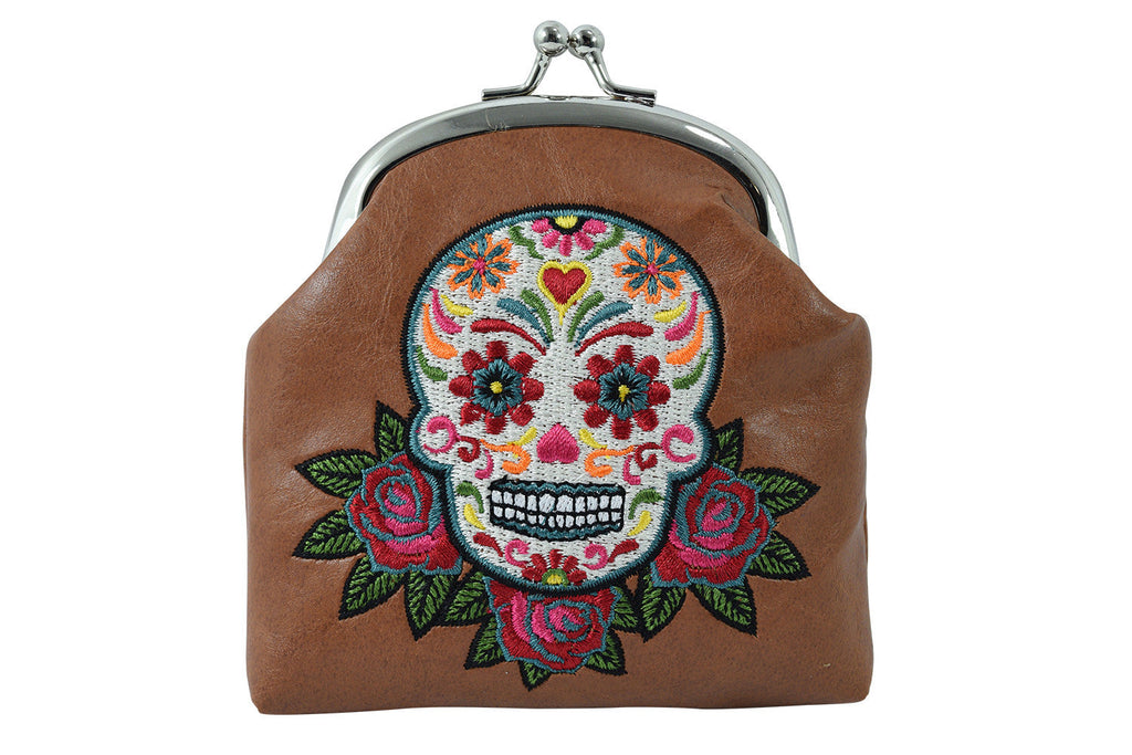 Accessories Brown Day of the Dead Rose & Sugar Skull Embroidered Coin Purse