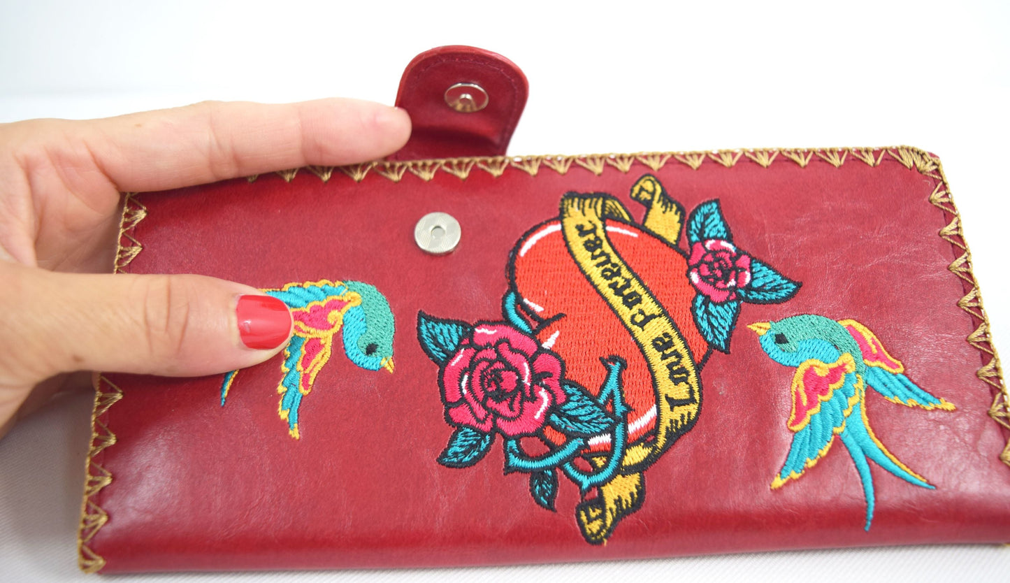 Accessories Lavishy Tattoo Art love forever Sparrow birds embroidered Large flat wallet