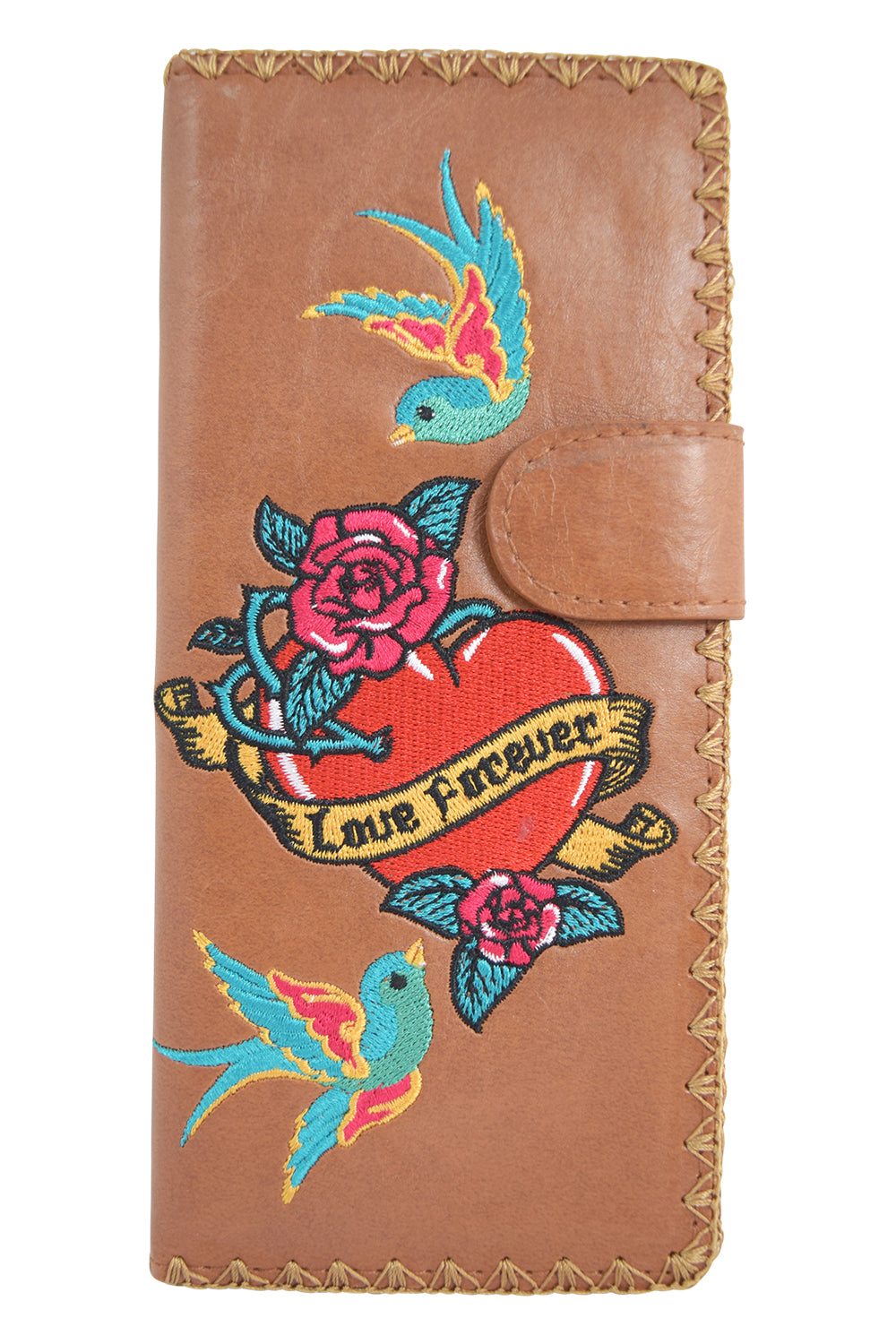 Accessories Brown Lavishy Tattoo Art love forever Sparrow birds embroidered Large flat wallet