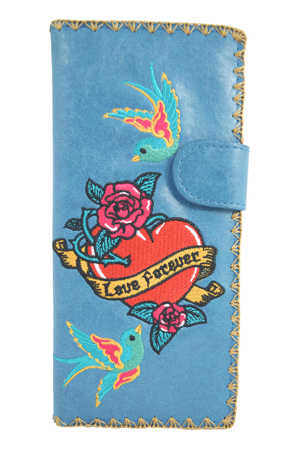 Accessories Blue Lavishy Tattoo Art love forever Sparrow birds embroidered Large flat wallet