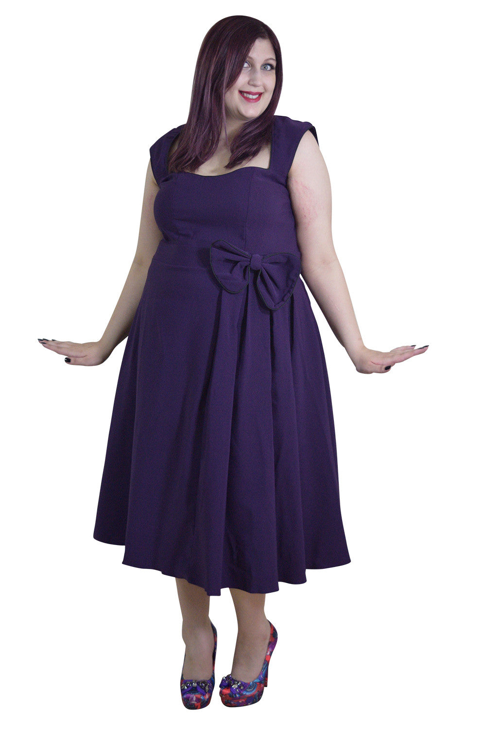 Plus size 60's Classic Vintage Purple Flare Party Dress with Bow