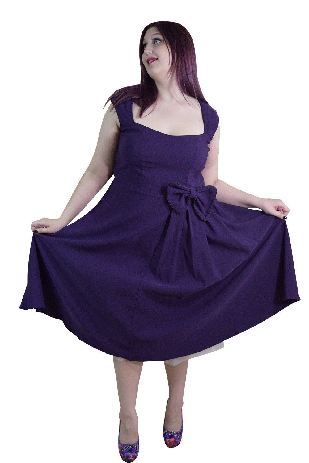 Dresses Plus size 60's Classic Vintage Purple Flare Party Dress with Bow