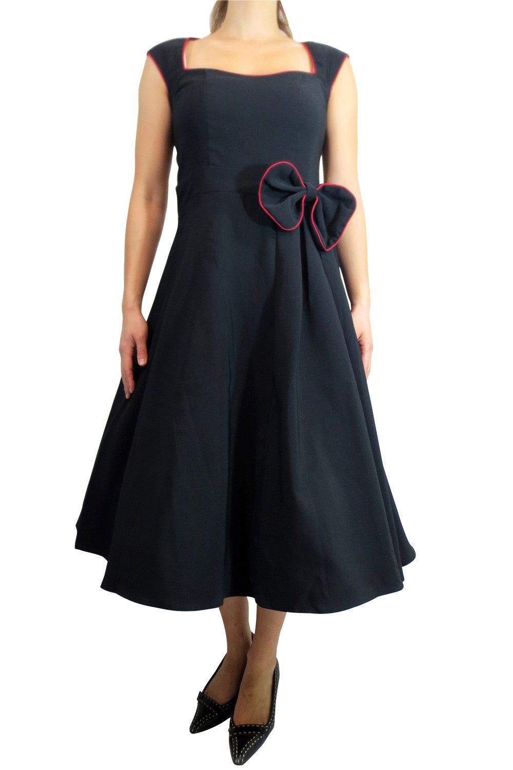 Dresses Rockabilly Pinup Vintage Style 60's Black Belted Flare Party Dress with Bow
