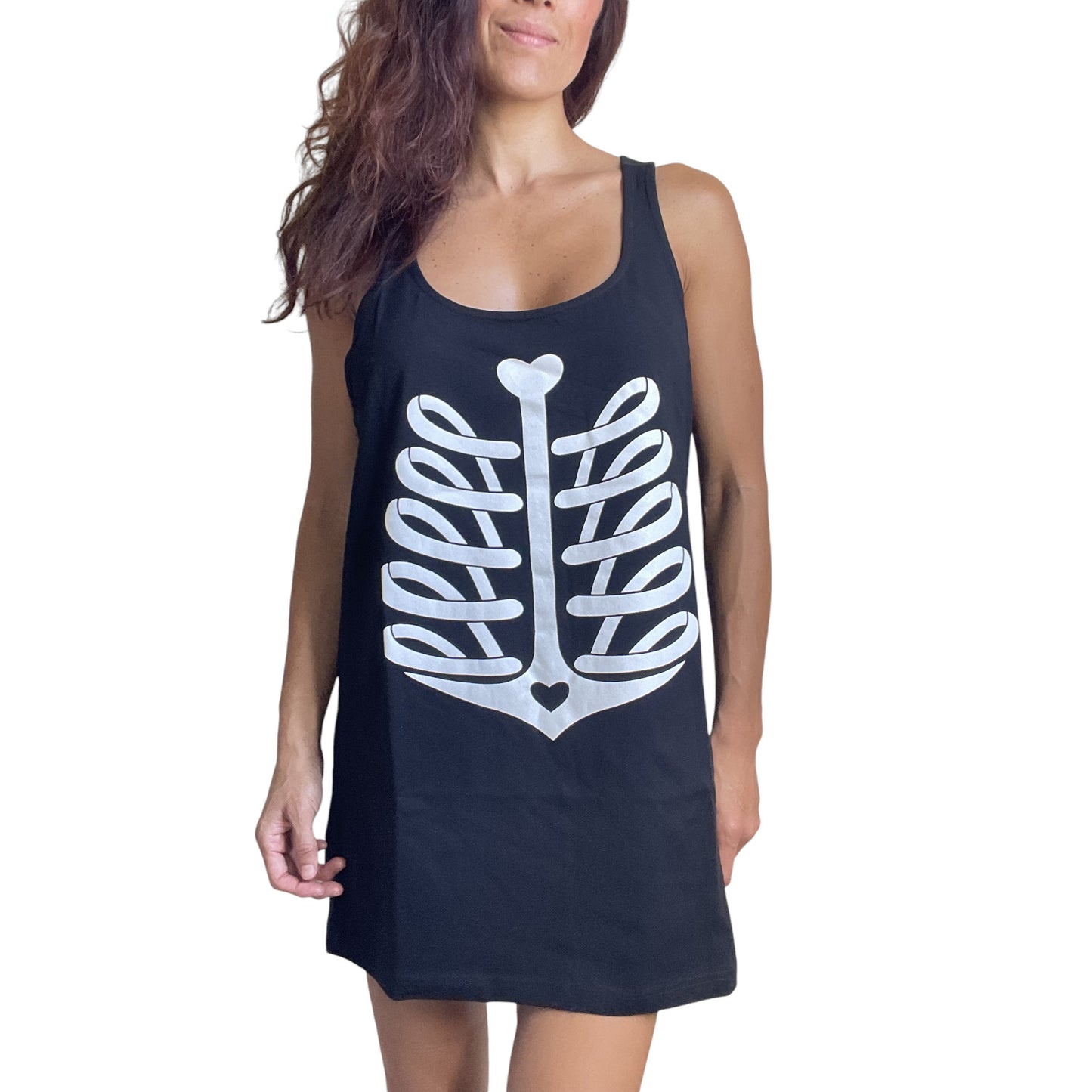 Nautical Goth Ribcage Heart Print Black Tank Top - Xtra Long Black Tank top