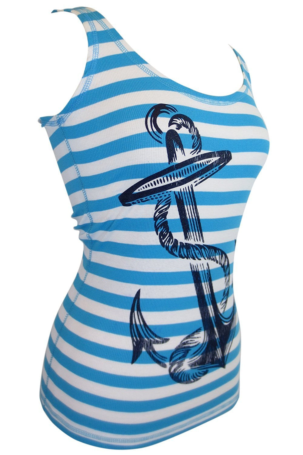Tops Pinky Star Pinup Sailor Anchor Logo Striped Rib Tank Top