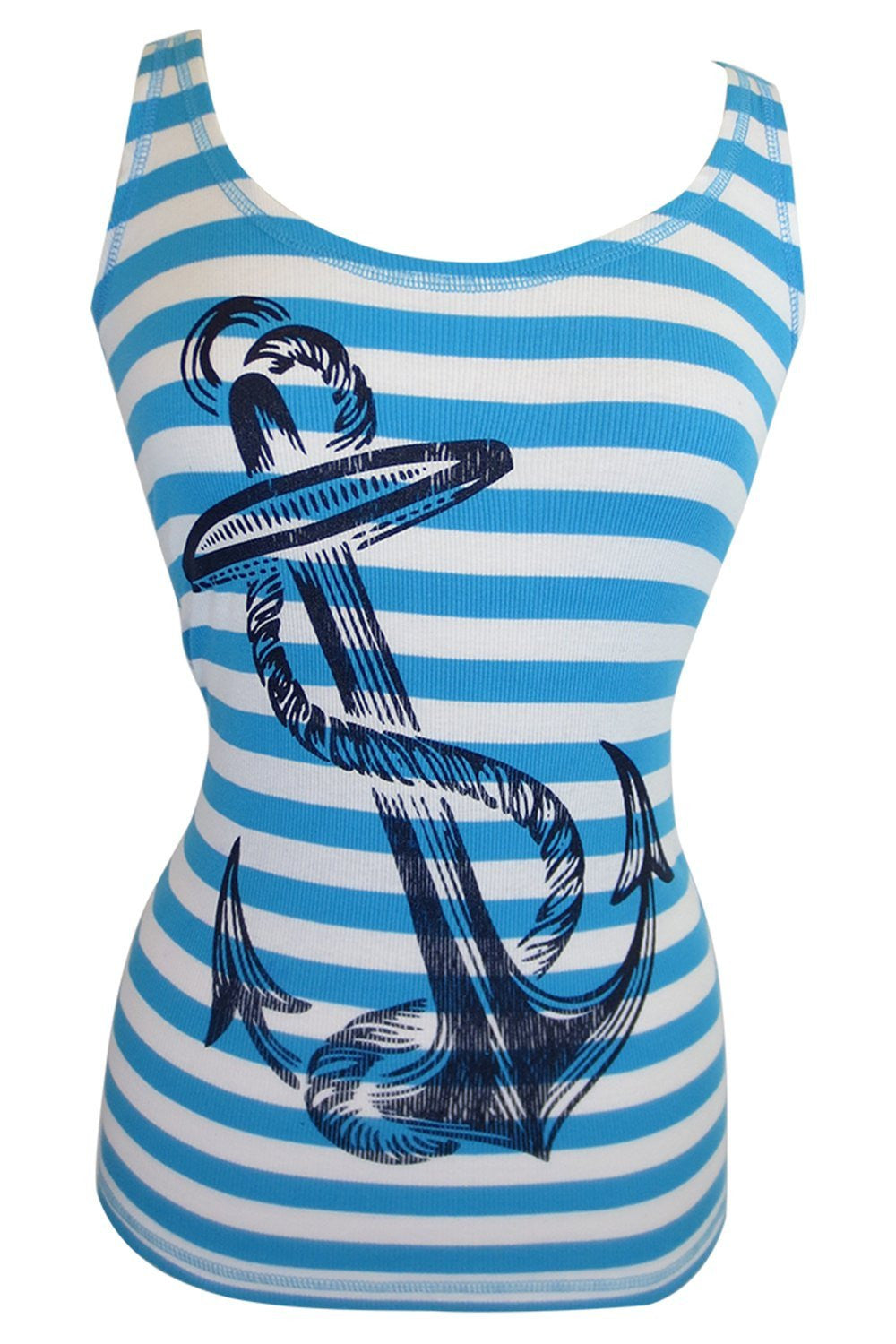 Tops S / Blue Pinky Star Pinup Sailor Anchor Logo Striped Rib Tank Top