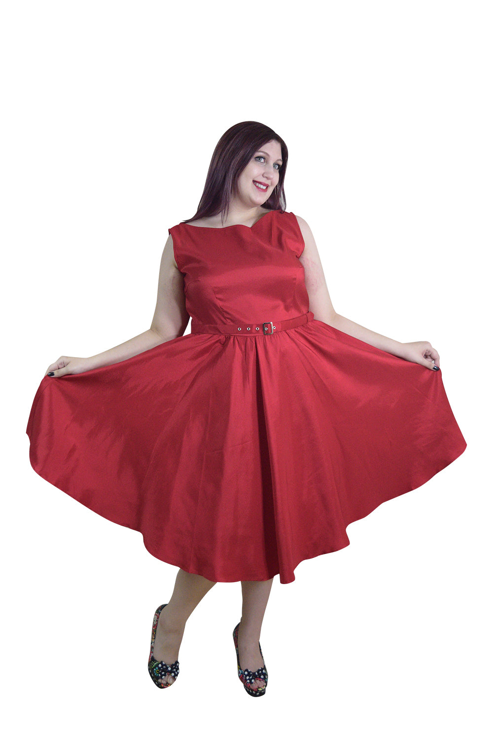 Vintage Red Satin Fit and Flare Dress with Bateau Neckline – High Waist, Cocktail, Bridesmaid, Plus Size - Skelapparel