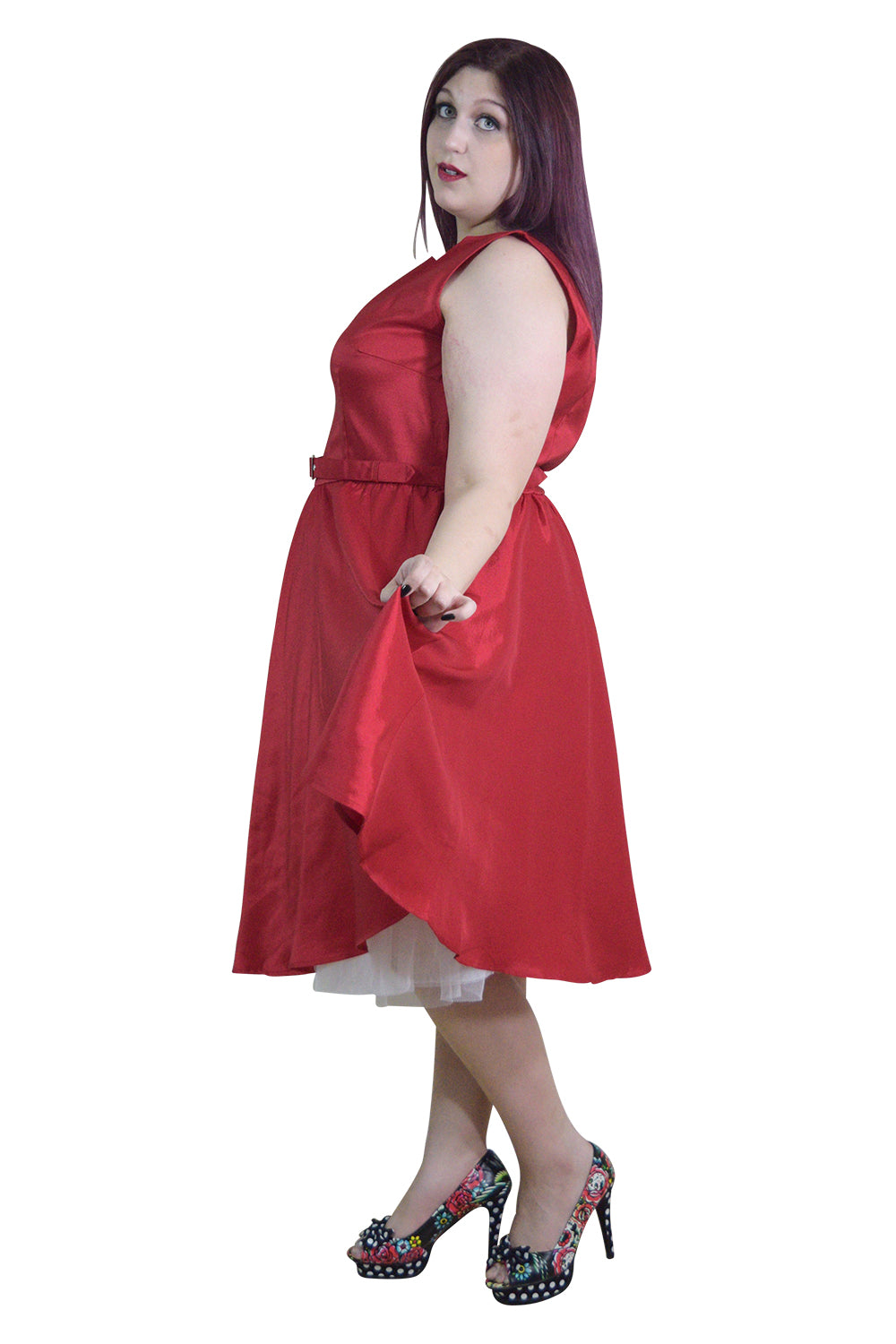 Vintage Red Satin Fit and Flare Dress with Bateau Neckline – High Waist, Cocktail, Bridesmaid, Plus Size - Skelapparel
