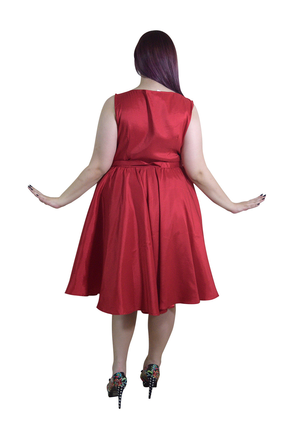 Vintage Red Satin Fit and Flare Dress with Bateau Neckline – High Waist, Cocktail, Bridesmaid, Plus Size - Skelapparel