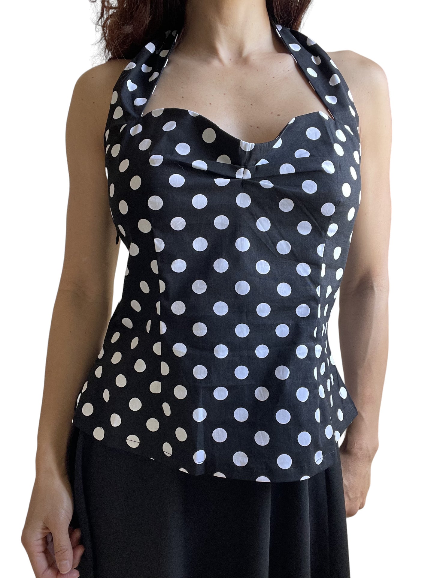 Women's summer Vintage Retro Style Black and White Polka Dot Halter Top with Sweetheart Neckline - Skelapparel