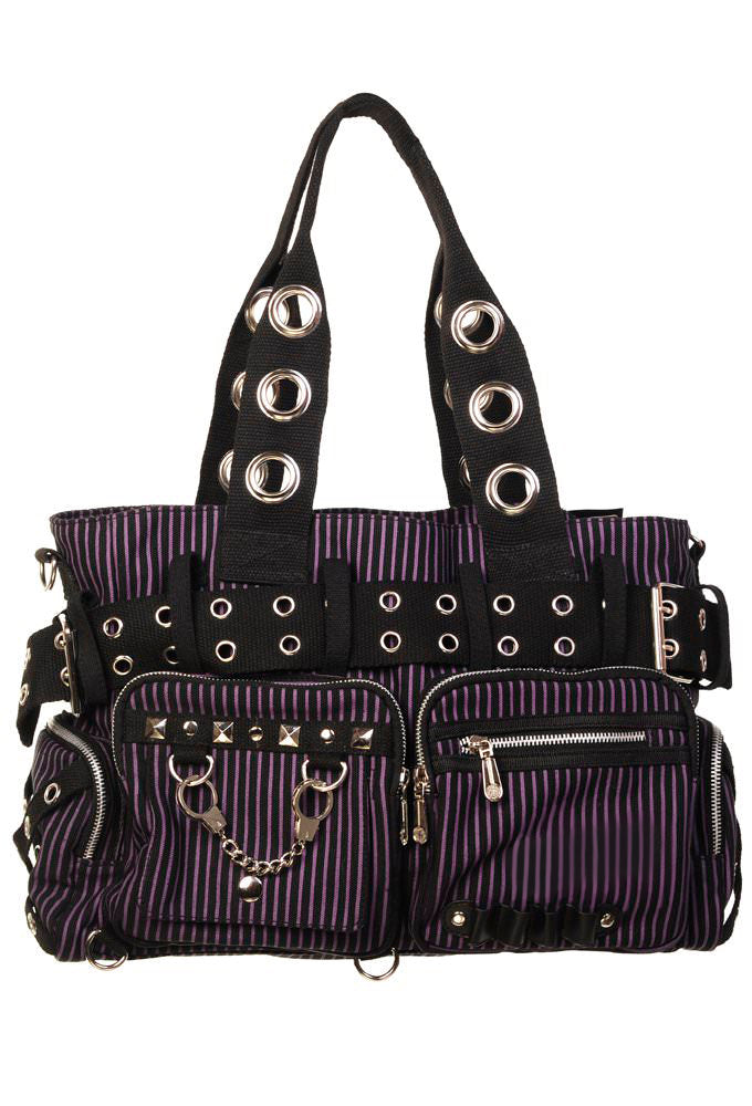 Lost Queen Striped Canvas Tote Bag with Handcuff Skull Charm - Skelapparel