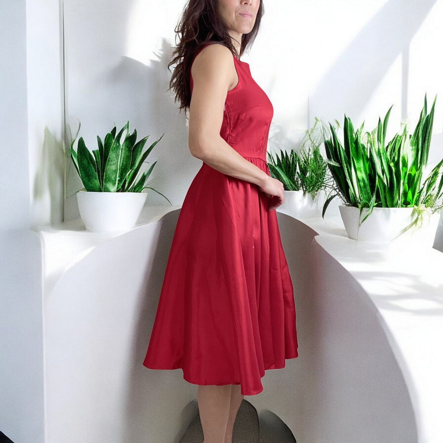 Vintage Red Satin Fit and Flare Dress with Bateau Neckline – High Waist, Cocktail, Bridesmaid, Plus Size - Skelapparel
