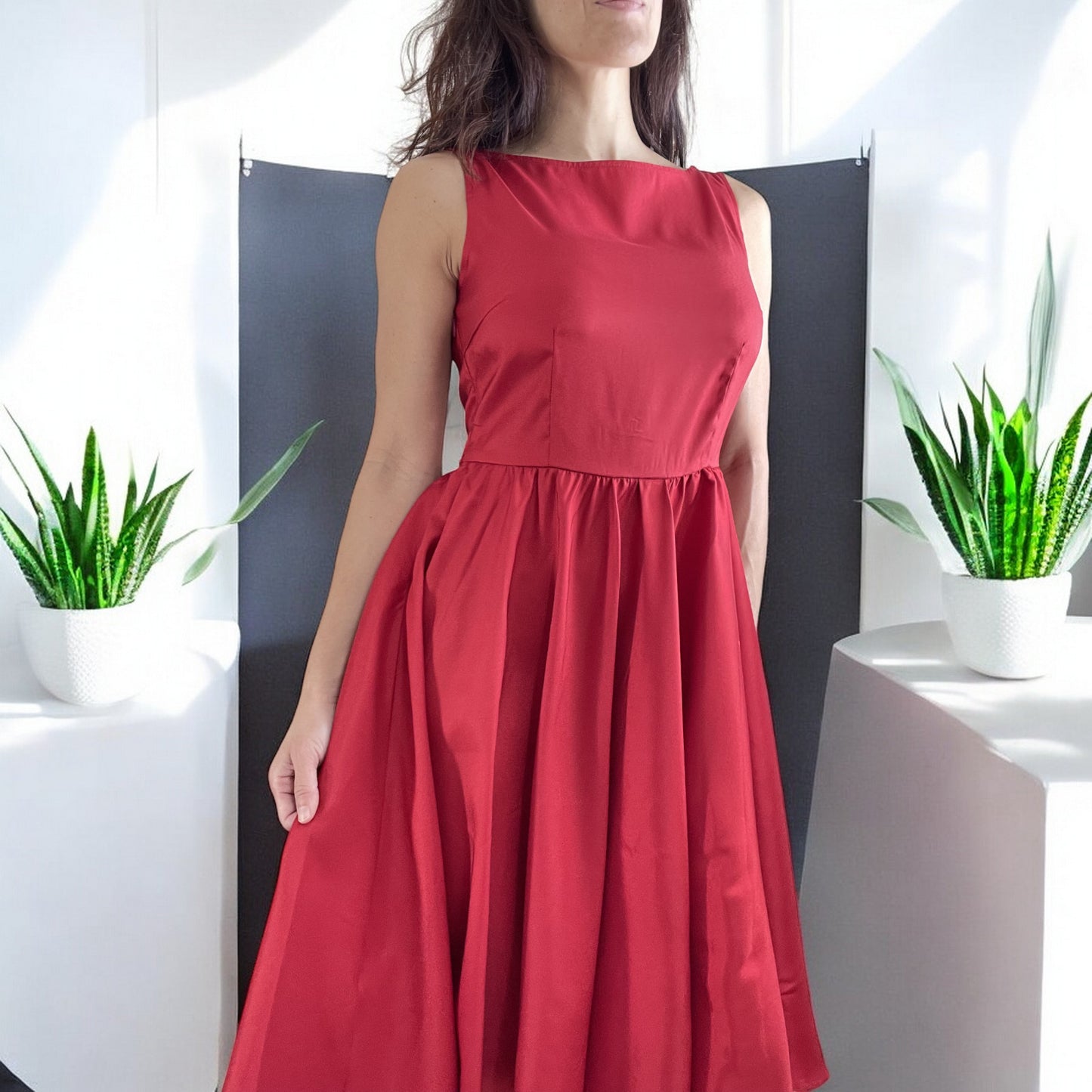 Vintage Red Satin Fit and Flare Dress with Bateau Neckline – High Waist, Cocktail, Bridesmaid, Plus Size - Skelapparel