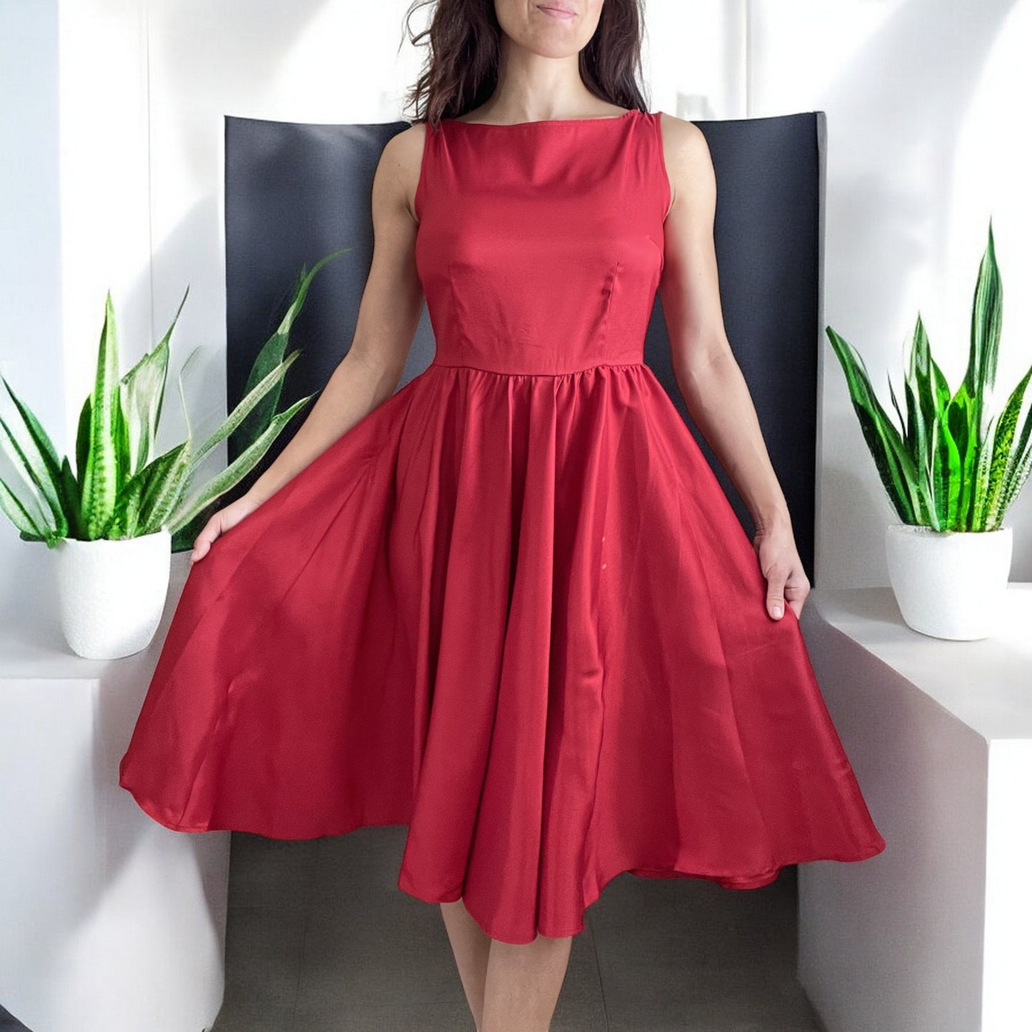 Vintage Red Satin Fit and Flare Dress with Bateau Neckline – High Waist, Cocktail, Bridesmaid, Plus Size - Skelapparel