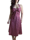 Red Polka Dot Cotton A-Line Halter Midi Summer Beach Dress - Casual Fit and Flare Sundress - Skelapparel