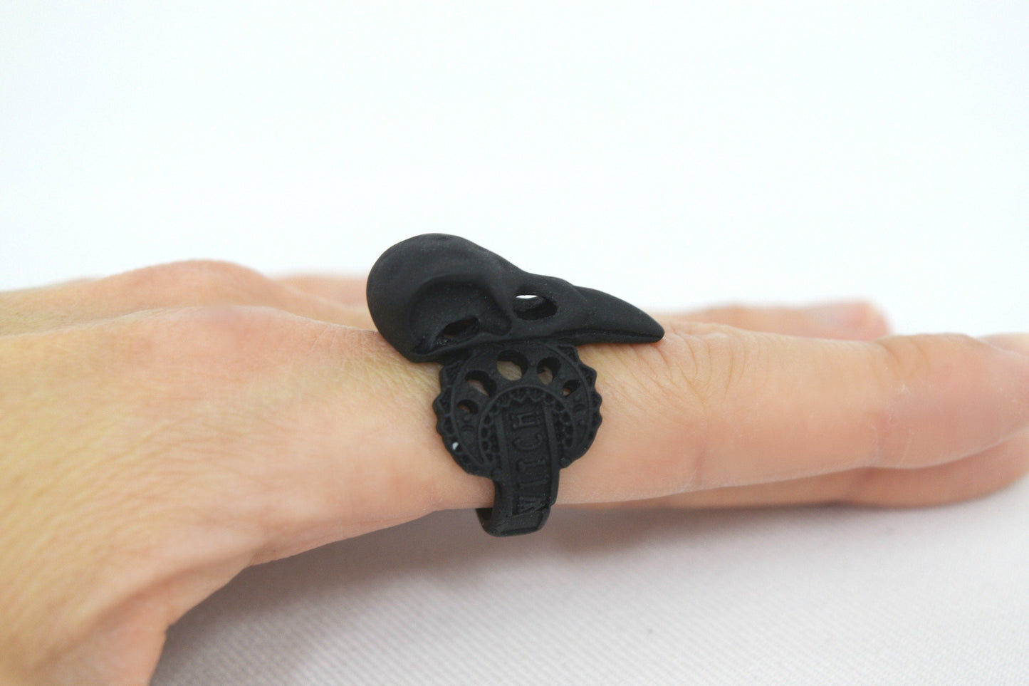 Accessories Restyle Witch Crow Skull Raven Skull Crescent Moon Matte Black Occult Ring