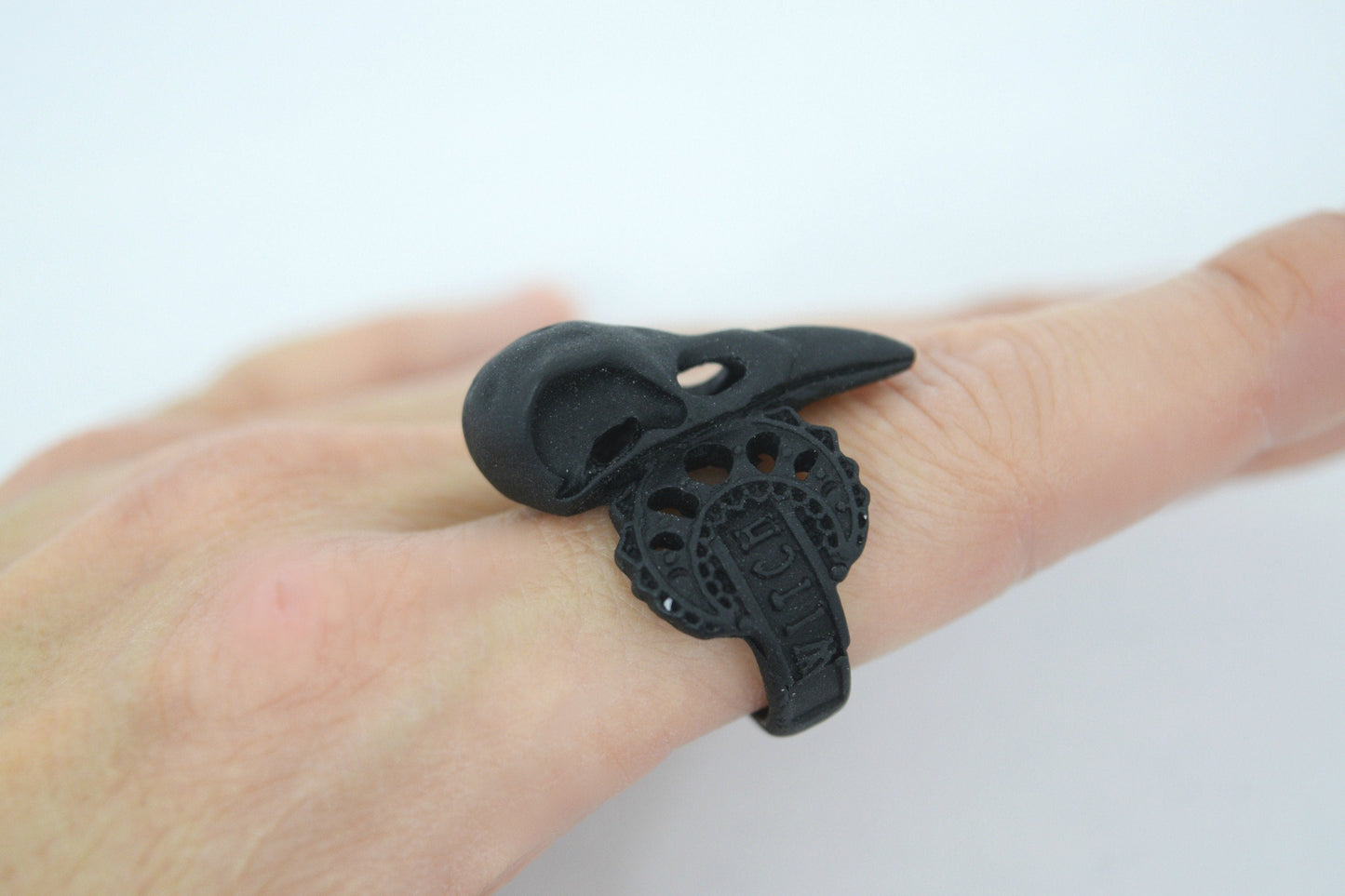 Accessories Restyle Witch Crow Skull Raven Skull Crescent Moon Matte Black Occult Ring