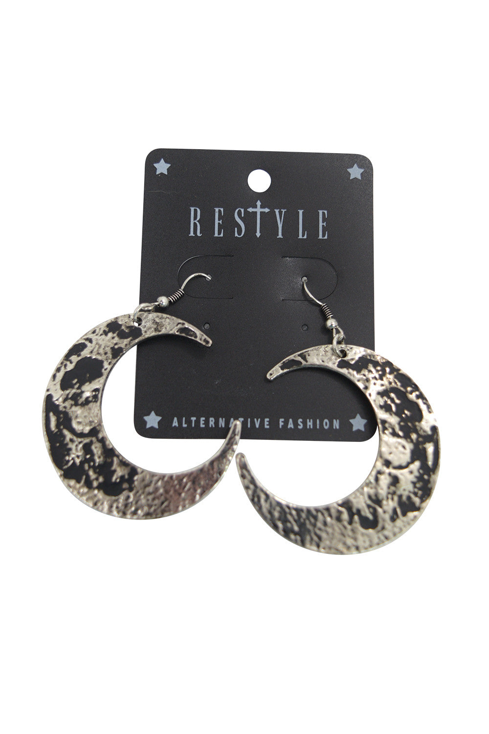 Jewellery Goth Occult Textured Antique Silver Luna Large Crescent Moon Occult Witch Earrings