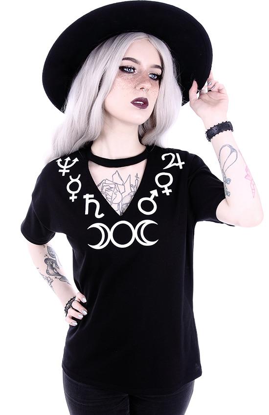 Tops Witchcraft symbols V-neck with choker Black Fashion Tee - Goddess