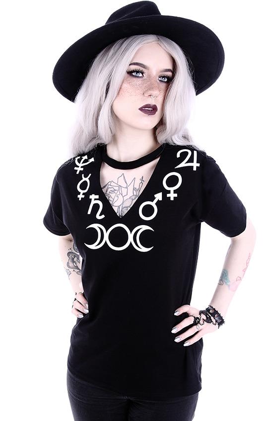 Tops Witchcraft symbols V-neck with choker Black Fashion Tee - Goddess