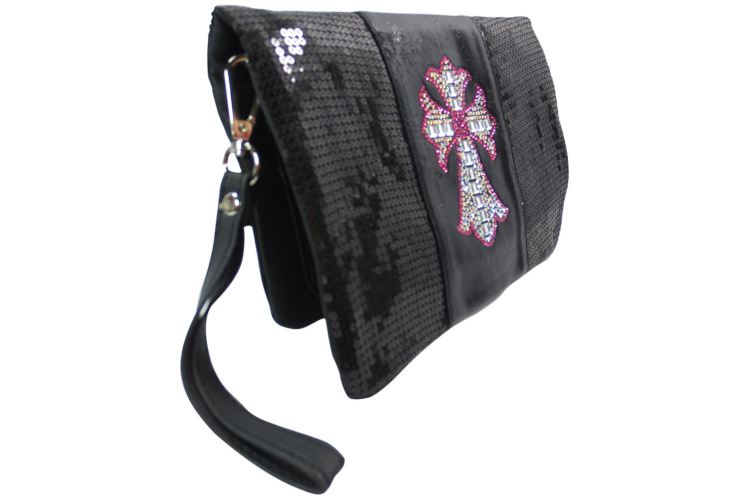 Accessories Crystal Cross Black Sequin Beaded Foldover Crossbody Bag - Wristlet Bag