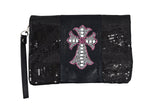Accessories Crystal Cross Black Sequin Beaded Foldover Crossbody Bag - Wristlet Bag