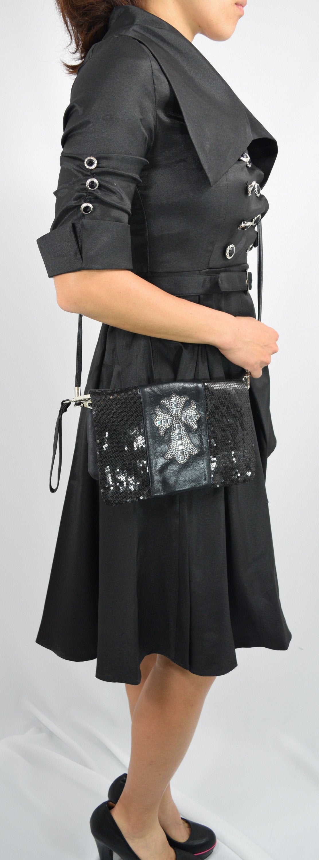 Accessories Crystal Cross Black Sequin Beaded Foldover Crossbody Bag - Wristlet Bag