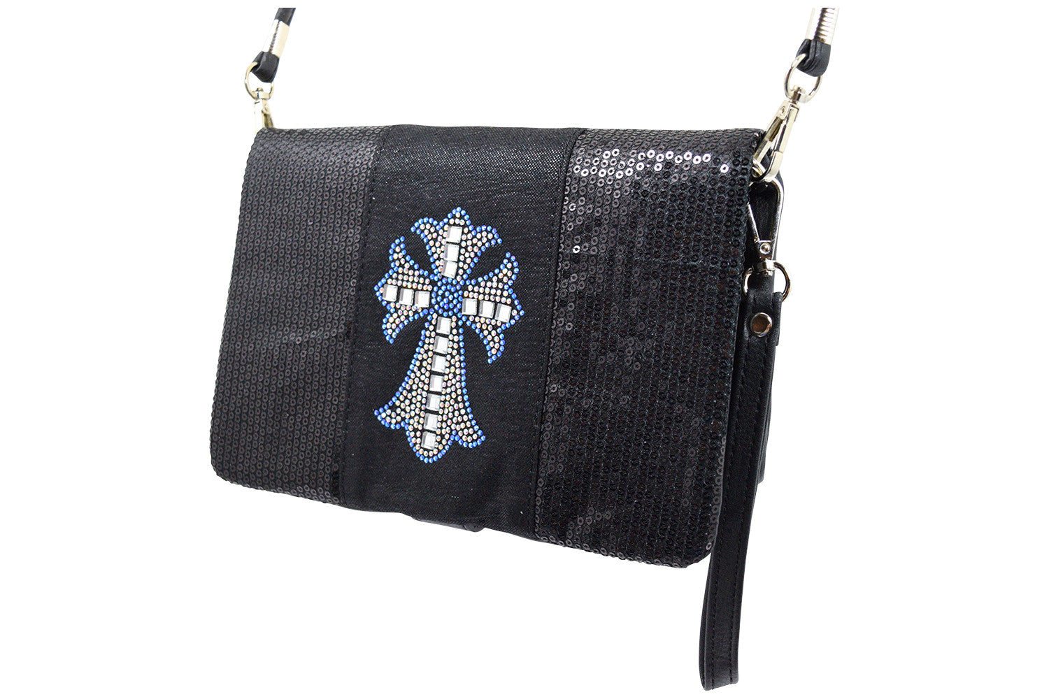 Accessories Crystal Cross Black Sequin Beaded Foldover Crossbody Bag - Wristlet Bag