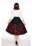 Bottoms 60's vintage red floral flare skirt with Big Bow | Black red floral skirt